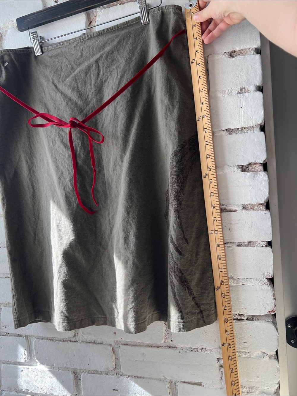 Olive Green linen Midi Skirt with Red Waist Tie casual summer 90s - Picture 2 of 3